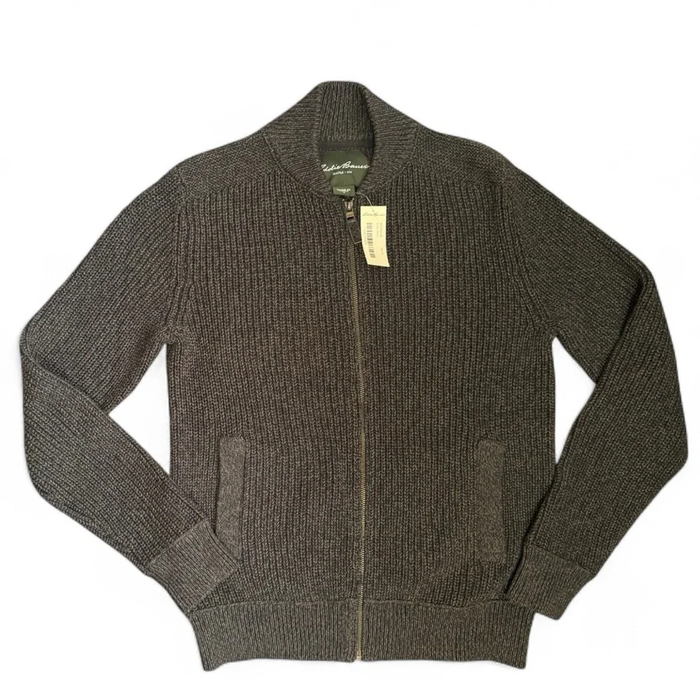 Eddie Bauer Olive Full Zip Chunky Cardigan Cable Knit Ribbed Trim Mens Small